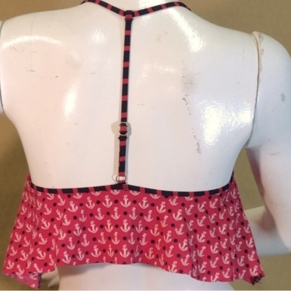 SPERRY FIRST MATE NAUTICAL ANCHOR RED WHITE BLUE RUFFLE BIKINI TOP L